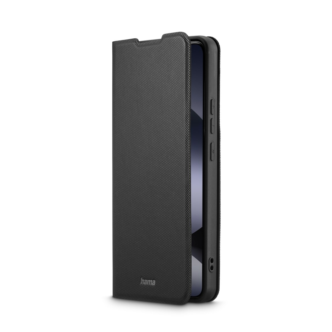 Schwarze Handyhülle geöffnet, Telefon sichtbar, mit 'hama' Logo, vor weißem Hintergrund.