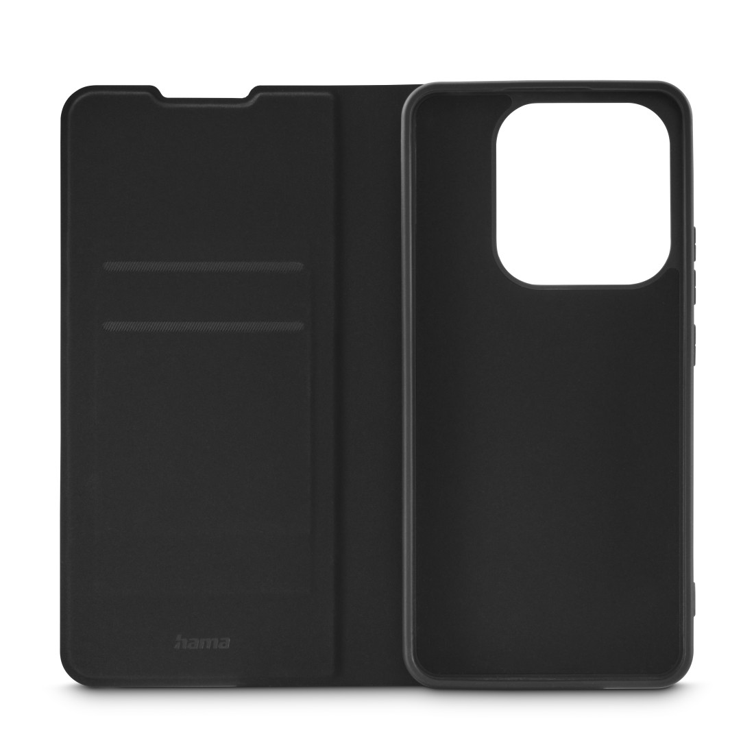 Geöffnete schwarze Handyhülle, Innentaschen und Telefonrahmen zeigend.