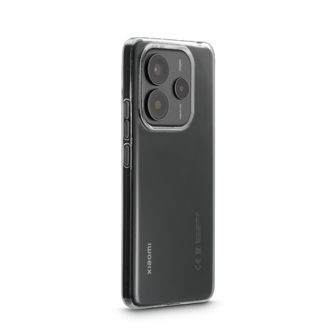 Transparente Handyhülle auf schwarzem Telefon, Kameralinsen zeigend.