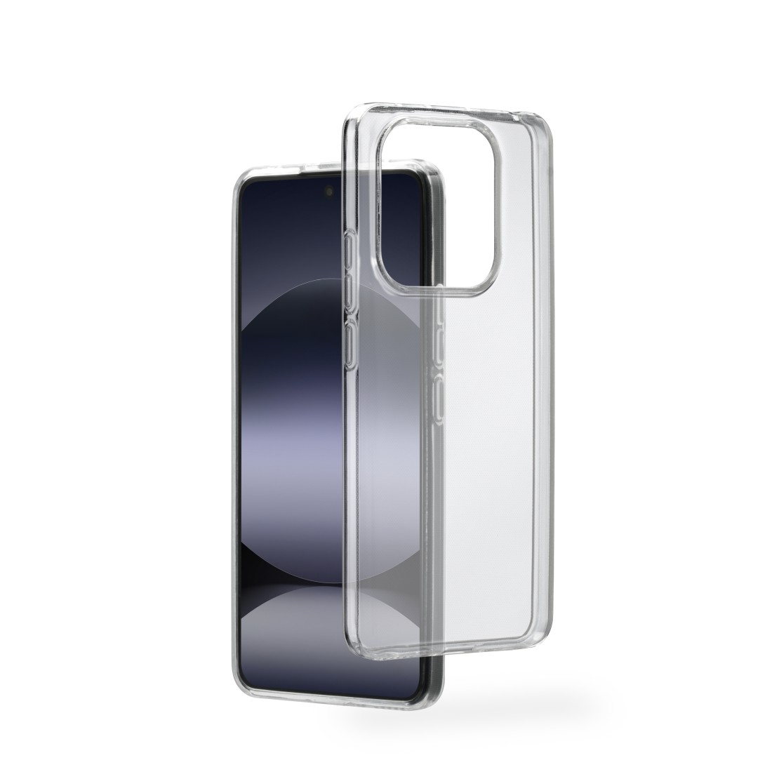 Transparente Handyhülle neben einem Telefon, Form zeigend.