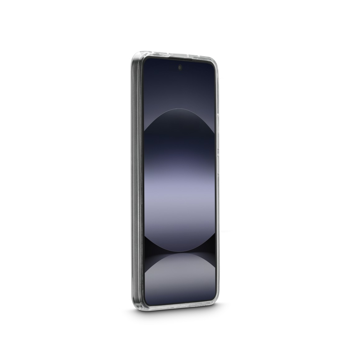 Telefon in transparenter Hülle, schräge Ansicht, Bildschirm und Kanten.
