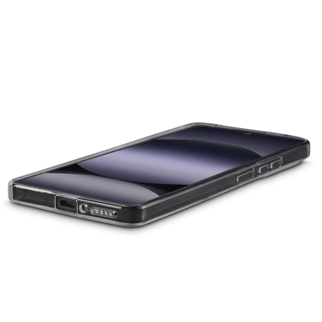 Telefon in transparenter Hülle, schräge Ansicht, Bildschirm und Kanten.