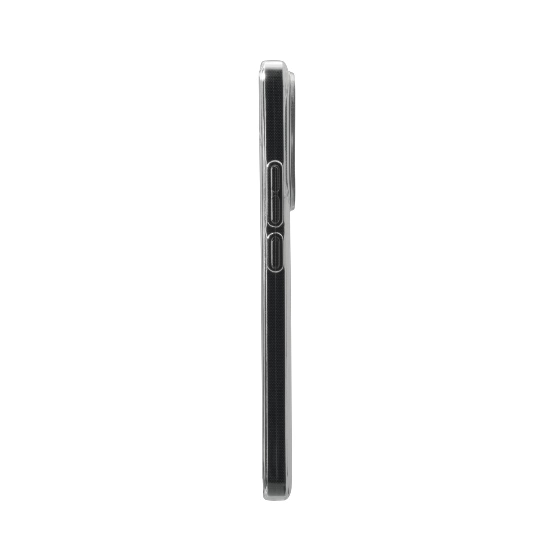 Telefon in transparenter Hülle, Seitenansicht, Knöpfe und Kanten zeigend.