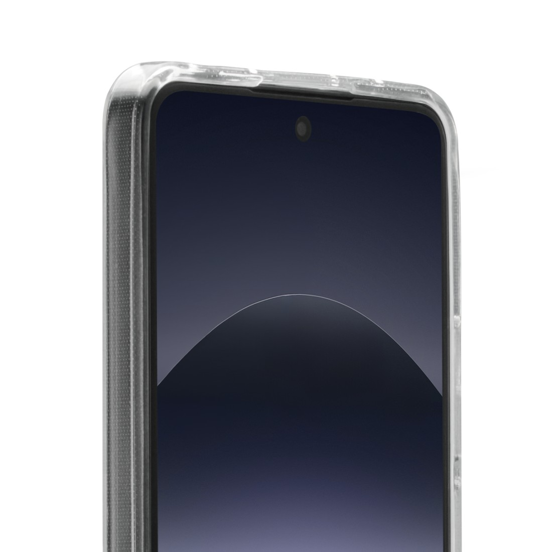 Transparente Handyhülle auf weißem Hintergrund. Telefon mit dunklem Bildschirm.