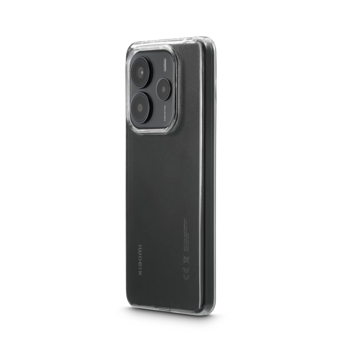 Xiaomi-Telefon in transparenter Hülle. Drei Kameralinsen sichtbar. Schwarze, strukturierte Rückseite.