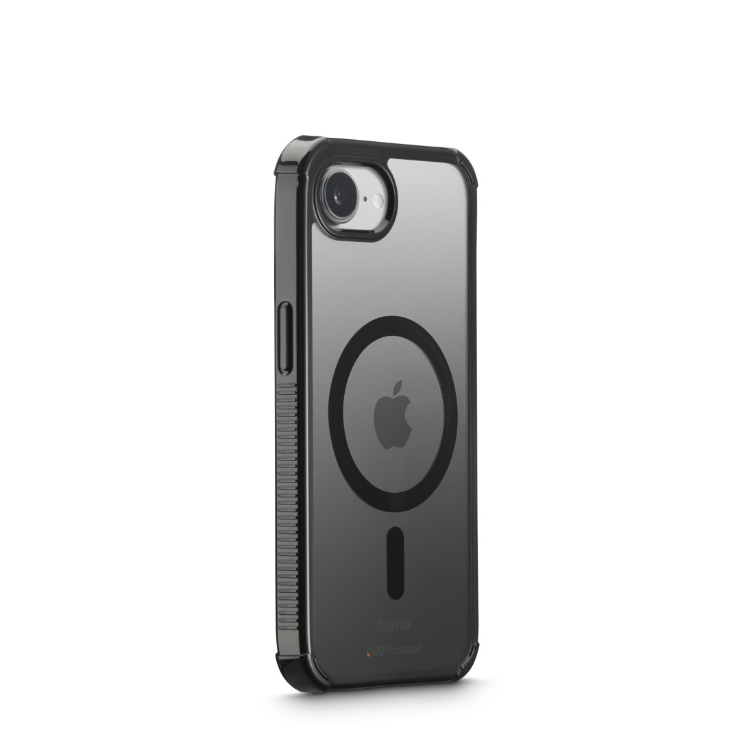 Handyhülle auf weißem Hintergrund. Schwarzer Rahmen, transparente Rückseite mit Apple-Logo und MagSafe-Ring.