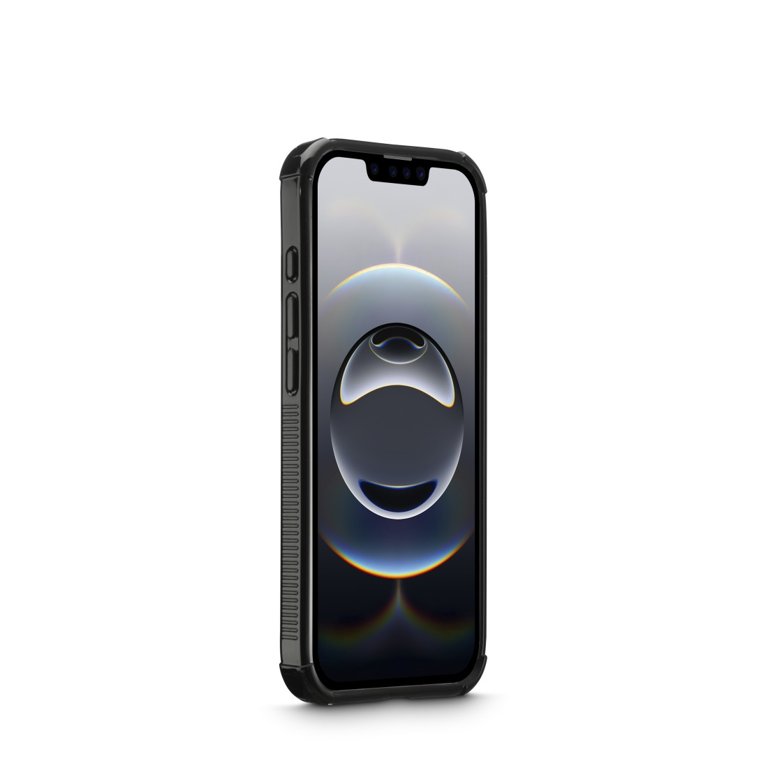 Telefon in schwarzer Hülle auf Weiß. Der Bildschirm ist an und zeigt ein unscharfes Bild.