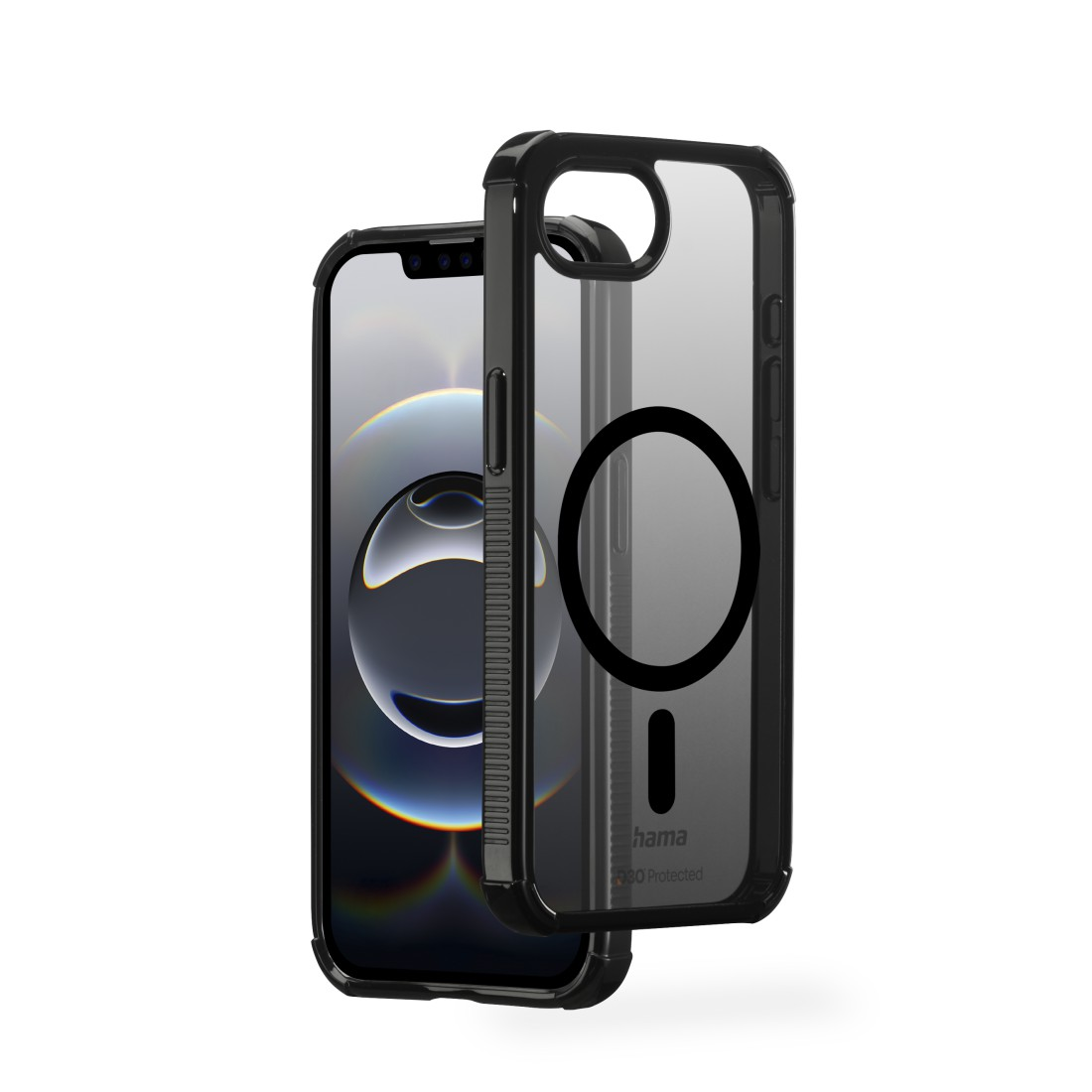 Geöffnete Handyhülle, die ein iPhone zeigt. Transparente Hülle auf der linken Seite mit dem Telefon.