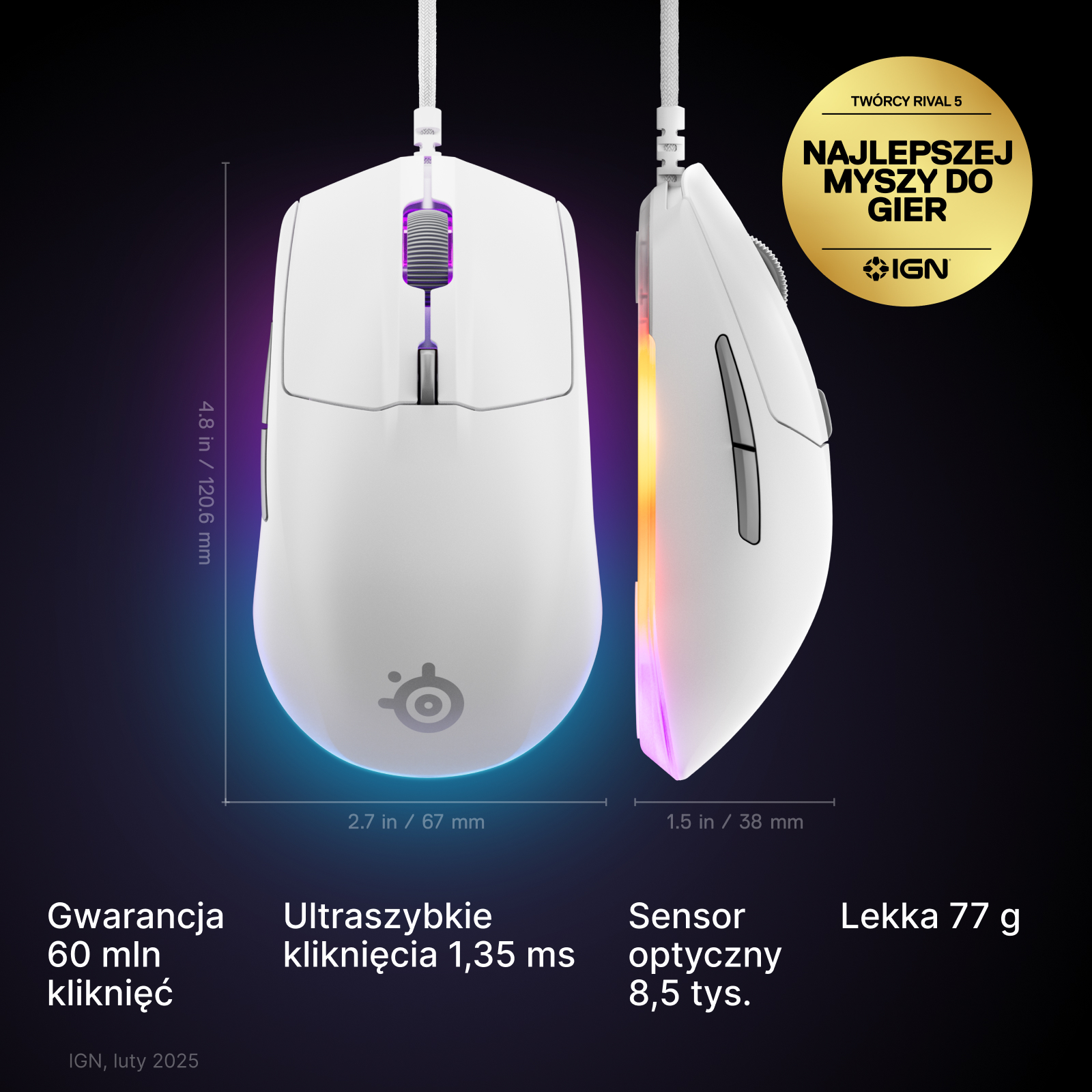 Biała mysz gamingowa z wymiarami i specyfikacjami. Funkcje obejmują trwałość przycisków i czujnik.