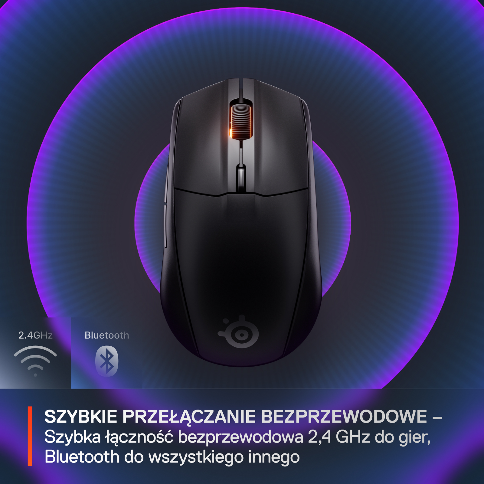 Czarna mysz do gier z połączeniem Bluetooth i bezprzewodowym 2,4 GHz. Fioletowe tło.