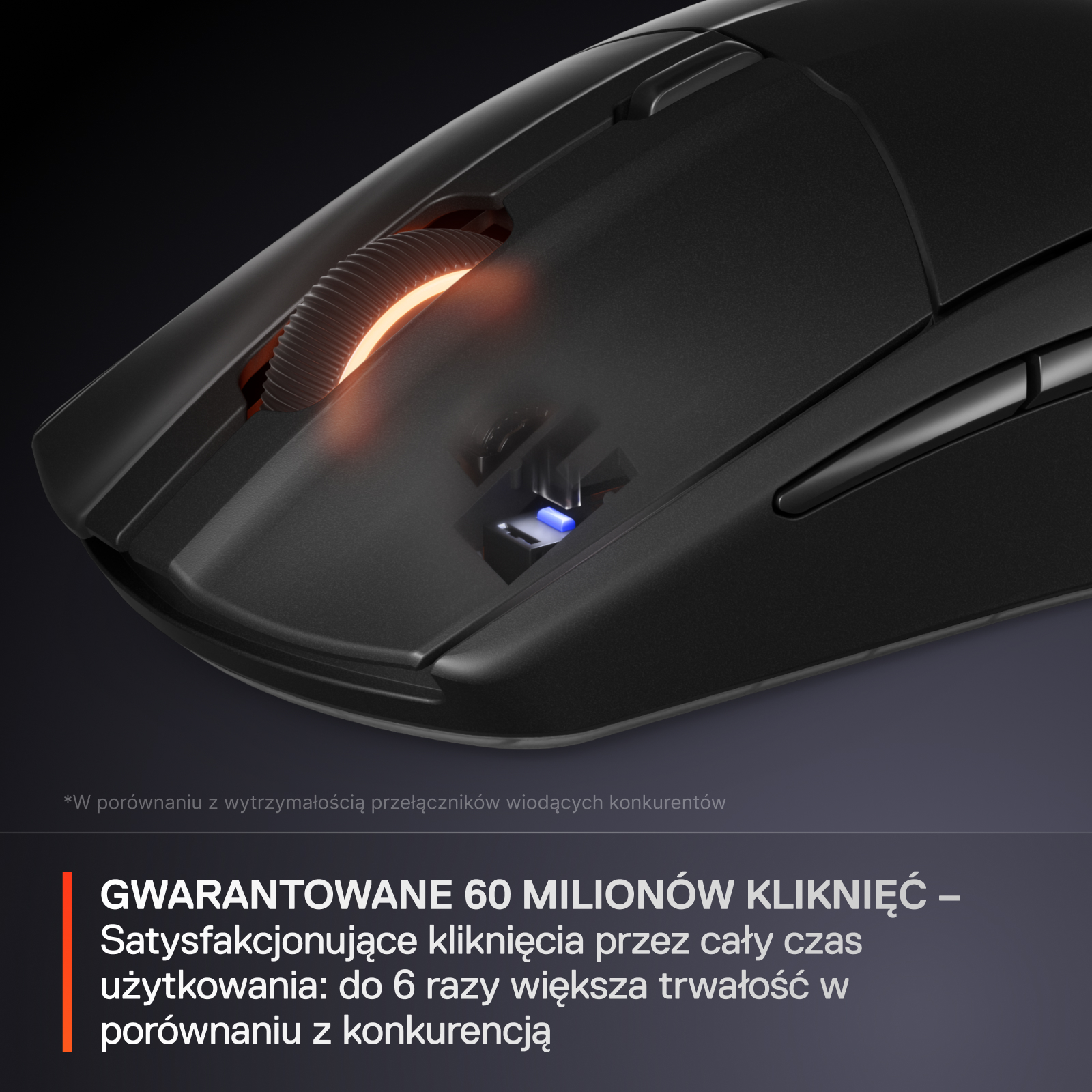 Czarna mysz komputerowa z pomarańczową poświatą na kółku przewijania. Tło jest rozmyte.