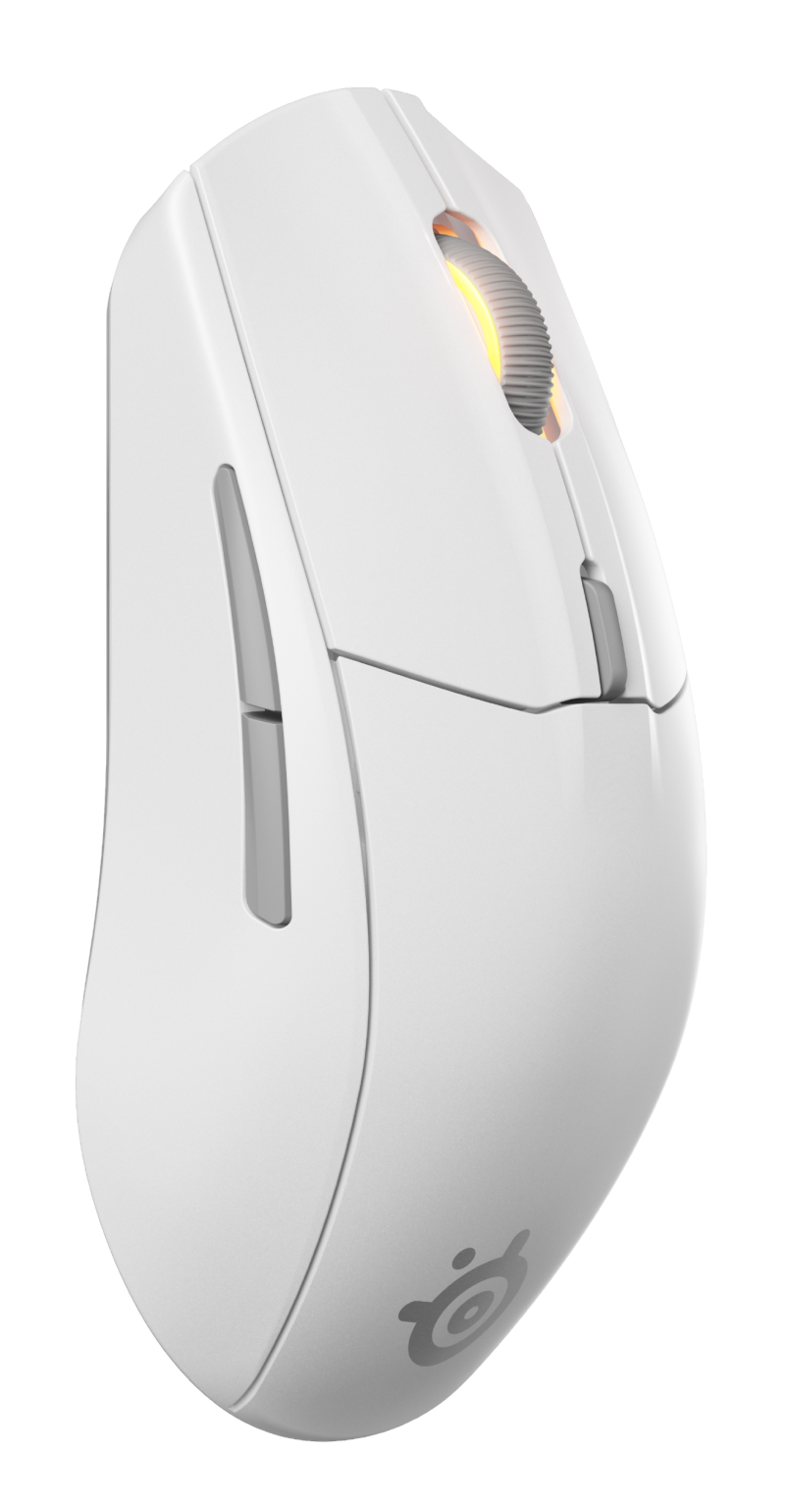 Biała mysz gamingowa SteelSeries z pomarańczowym podświetleniem rolki.