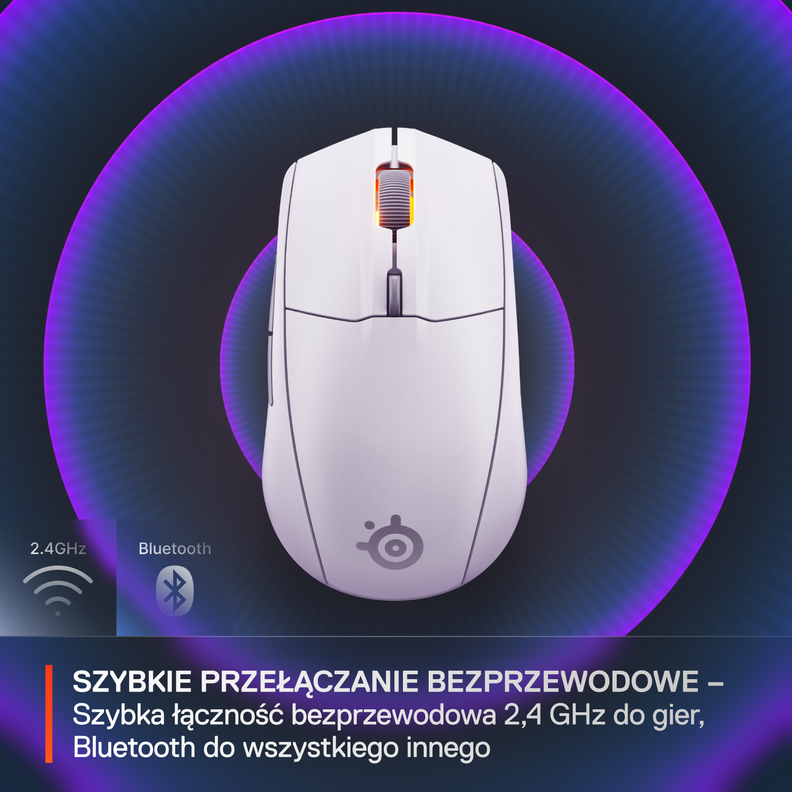 Biała mysz Steelseries Rival 3 Wireless, widok z góry, z fioletowym okrągłym sygnałem bezprzewodowym.