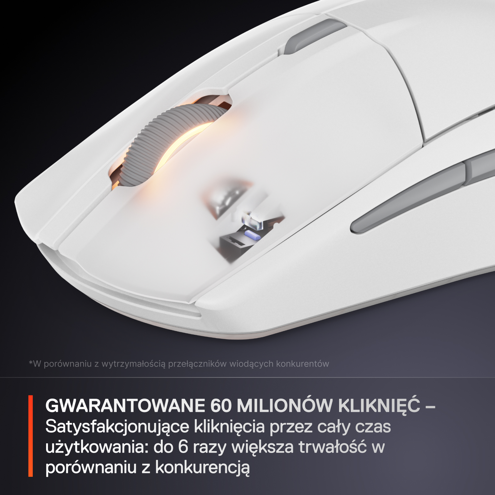 Zbliżenie białej myszy gamingowej, pokazujące kółko przewijania i boczne przyciski.