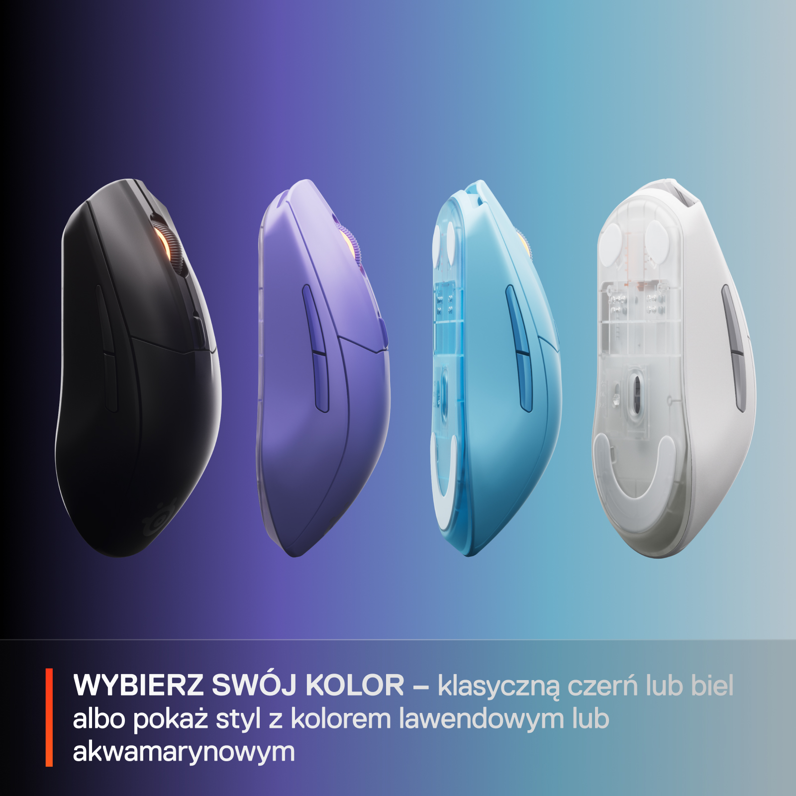 Myszki Steelseries Rival 3 Wireless w różnych kolorach: czarnym, fioletowym, niebieskim i białym.