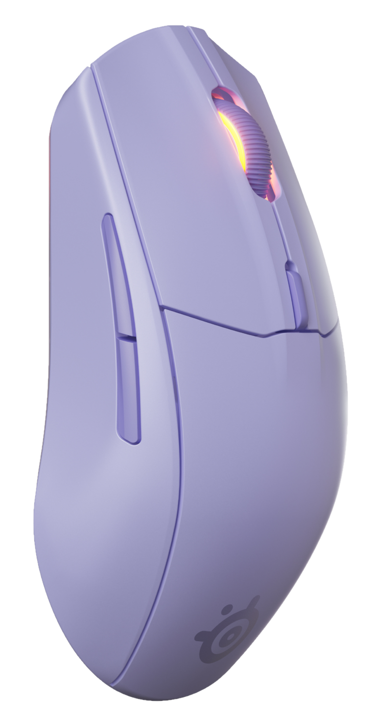 Fioletowa mysz gamingowa SteelSeries z pomarańczowym podświetleniem rolki.