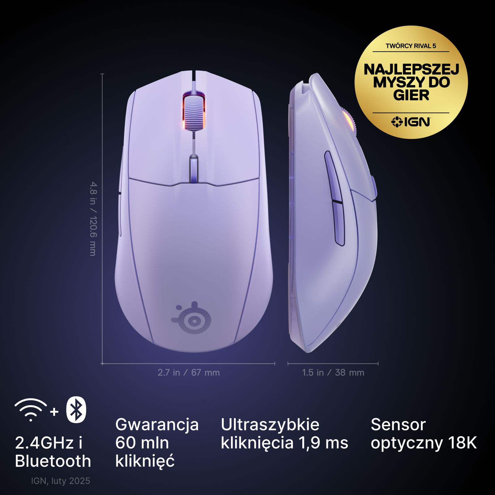 Bezprzewodowa mysz gamingowa SteelSeries Rival 3 z wymiarami i wyświetlonymi funkcjami.