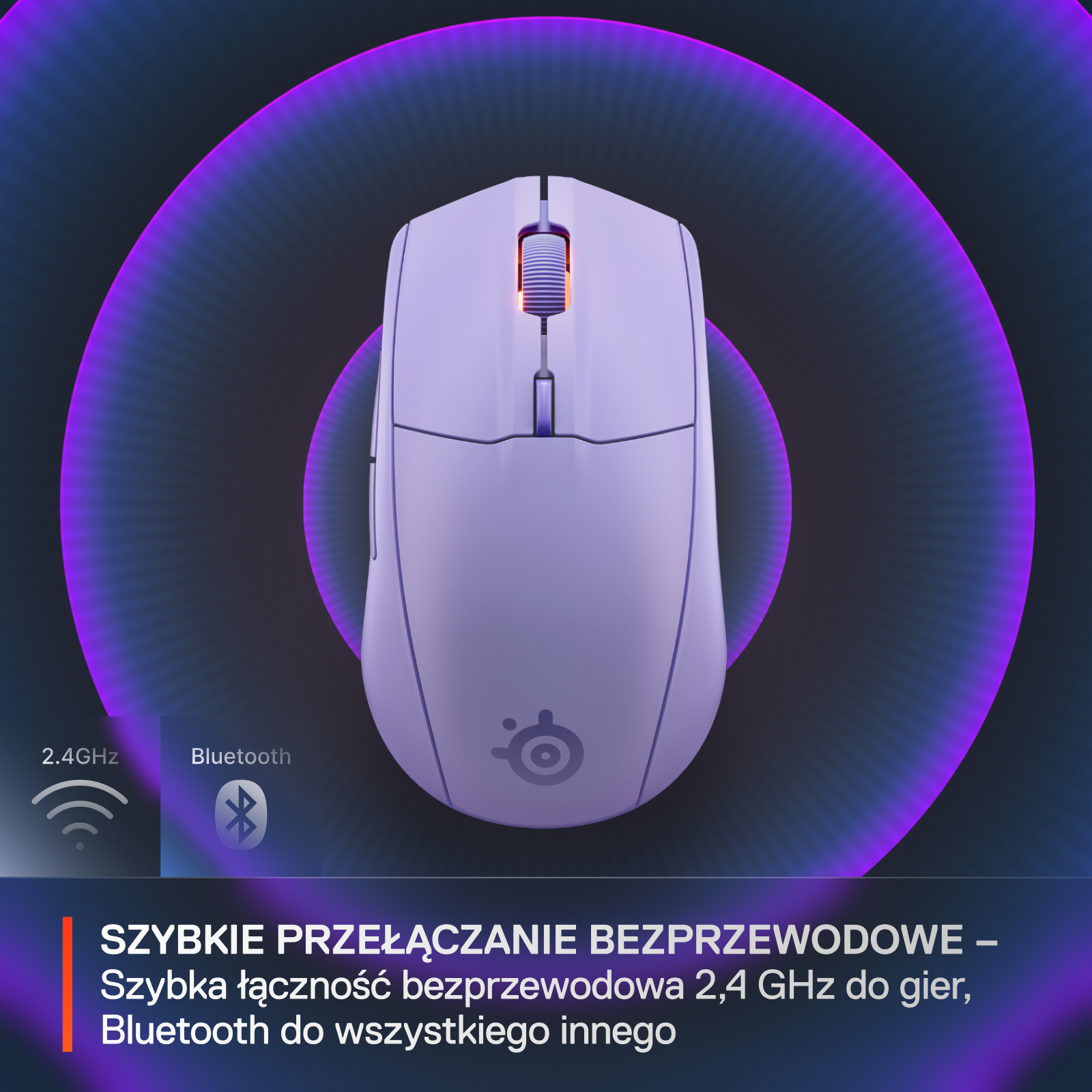 Mysz bezprzewodowa SteelSeries Rival 3, pokazująca połączenia bezprzewodowe 2,4 GHz i Bluetooth.