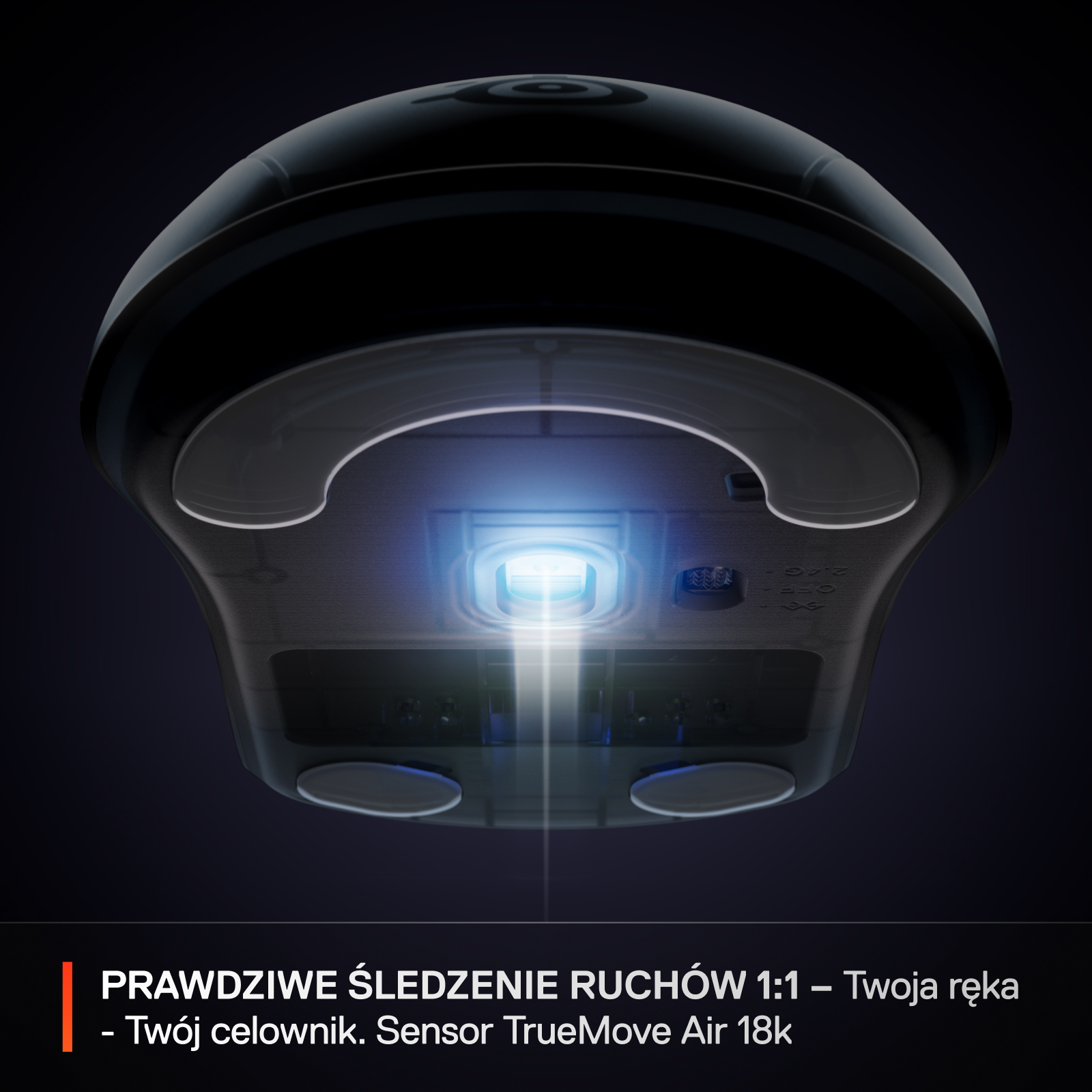Spód myszy bezprzewodowej SteelSeries Rival 3, pokazujący czujnik TrueMove Air.