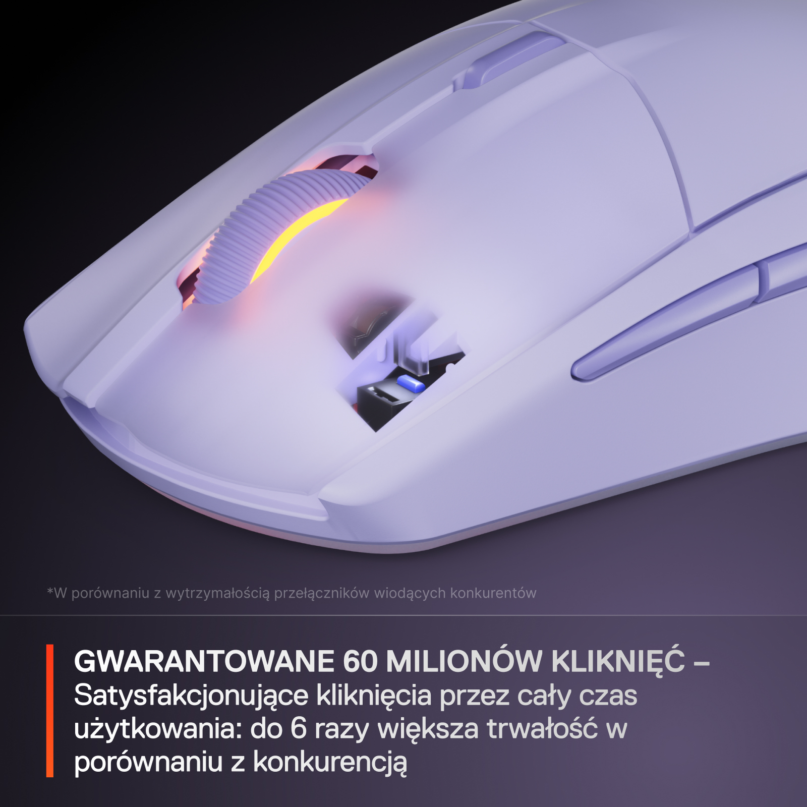 Zbliżenie myszy SteelSeries Rival 3, podkreślające trwałość kliknięć przycisków.