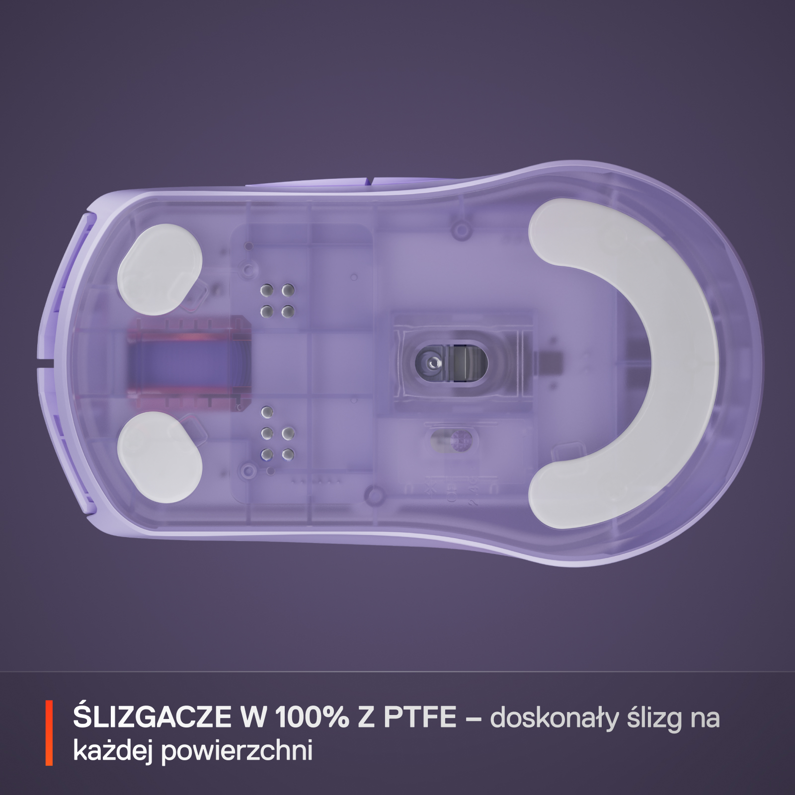 Spód myszy SteelSeries Rival 3, pokazujący ślizgacze PTFE dla płynnego poślizgu.