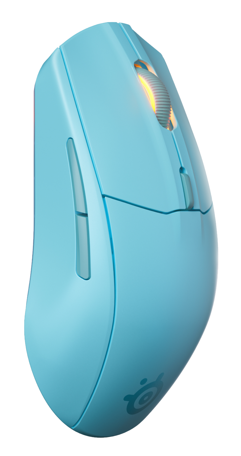 Niebieska mysz gamingowa SteelSeries z pomarańczowym podświetleniem rolki.