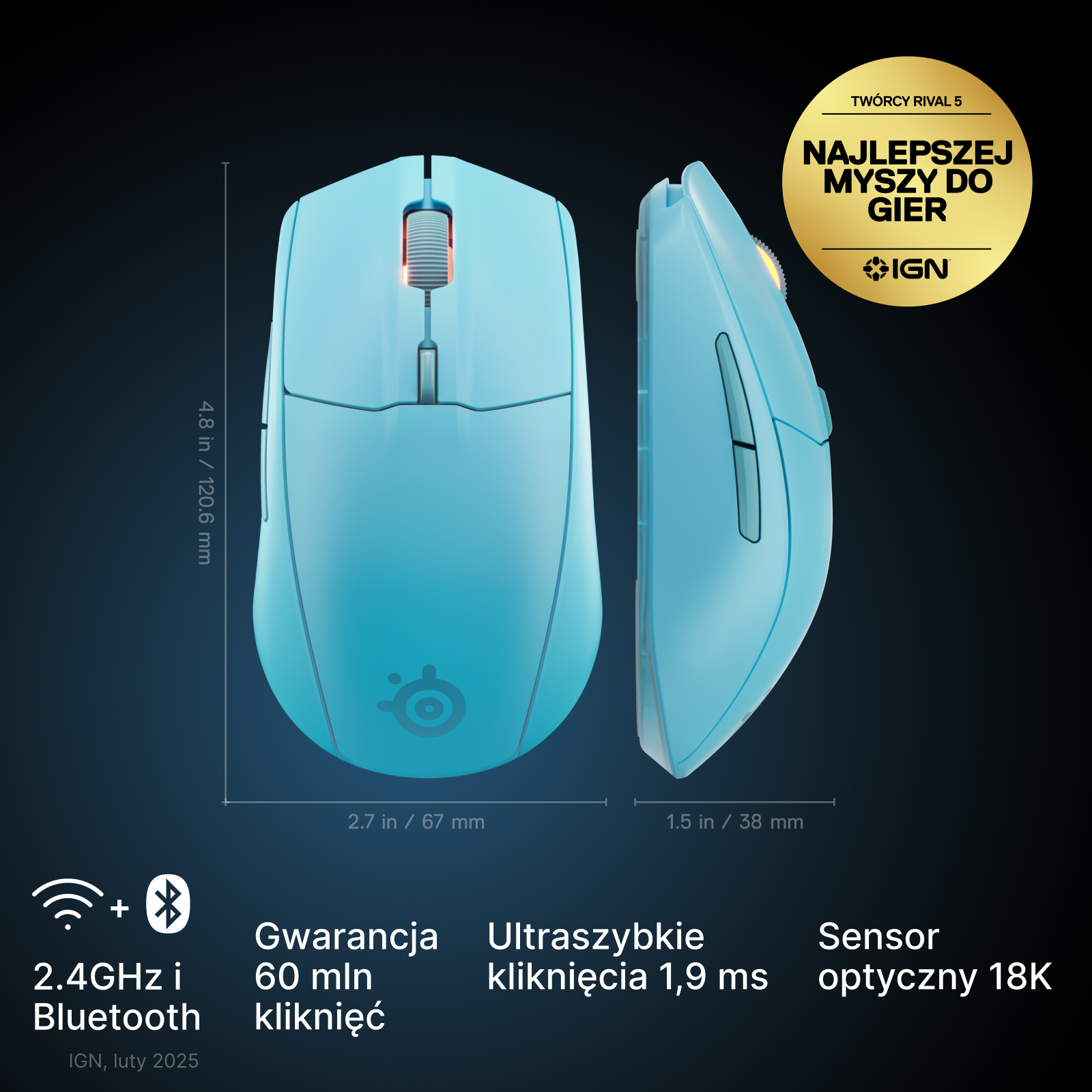 Jasnoniebieska mysz do gier z wymiarami, 2.4 GHz/Bluetooth, 60M kliknięć, 1.9 ms kliknięć i czujnikiem 18K.