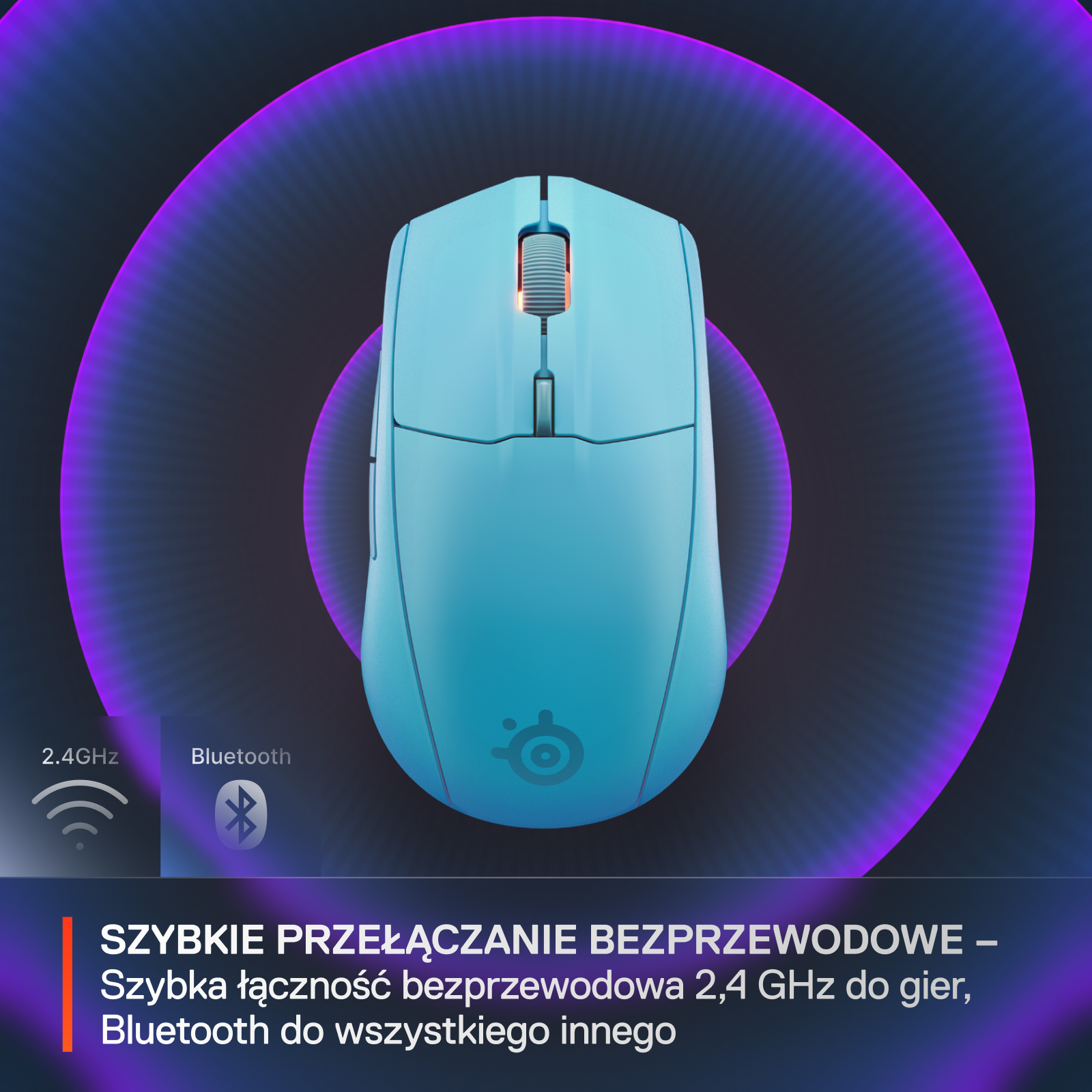 Jasnoniebieska mysz do gier ze szczegółami połączenia bezprzewodowego, ikonami 2.4 GHz i Bluetooth na ciemnym tle.