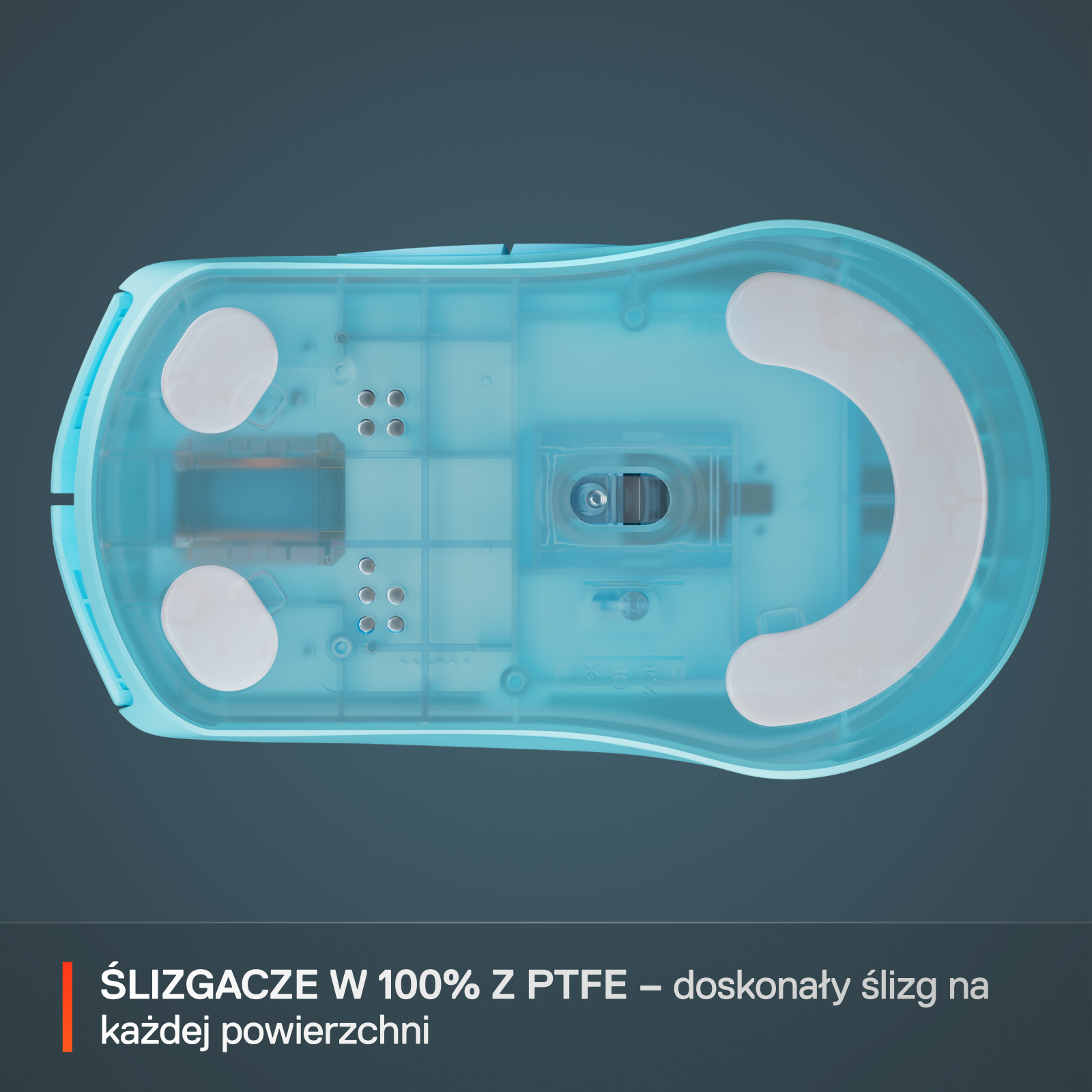 Widok od spodu jasnoniebieskiej myszy do gier, pokazujący podstawę i ślizgacze.