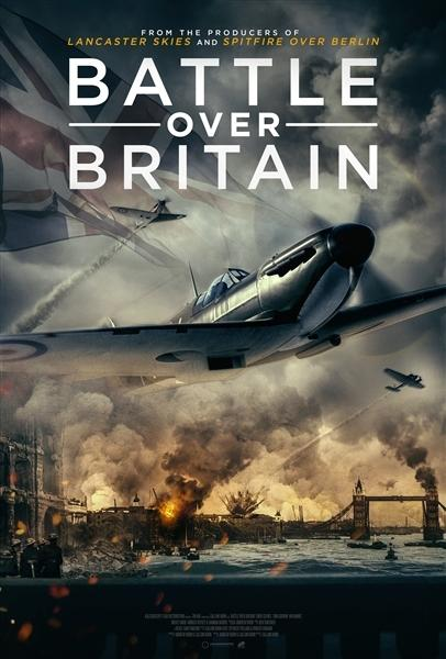 Affiche du film "Battle Over Britain" avec des avions volant et un drapeau britannique.