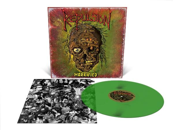 Albumcover mit Zombie-Gesicht, 'Repulsion Horrified' und grüner Schallplatte.