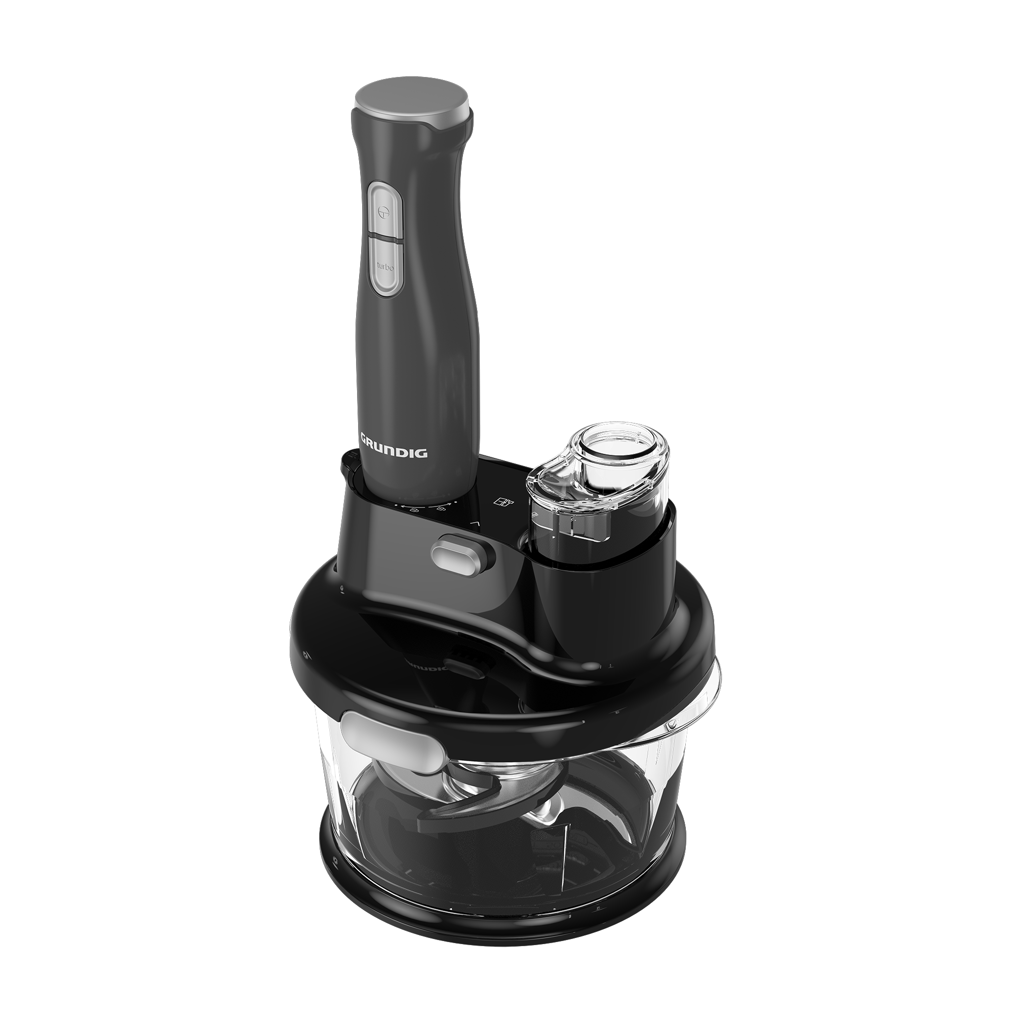 Blender, doğrayıcı ve haznesi olan siyah mutfak robotu. Siyah arka plan.