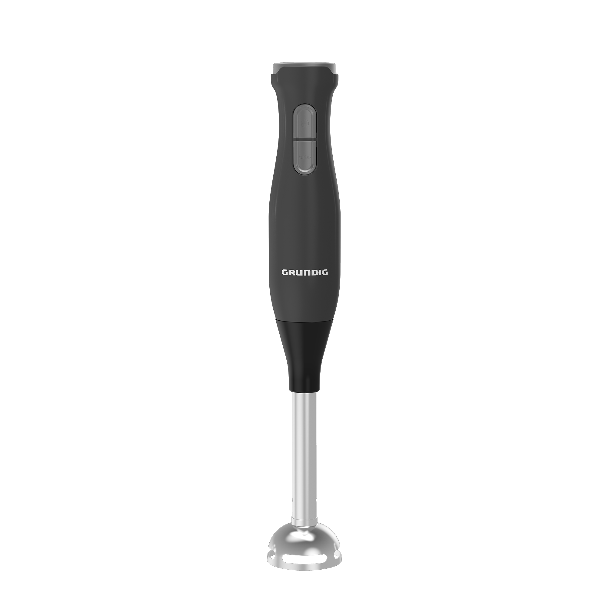'Grundig' yazılı siyah el blenderı. Gümüş karıştırma ucu. Siyah arka plan.