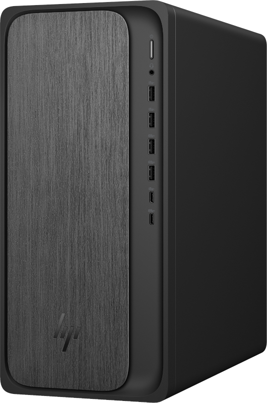 Schwarzer Computerturm mit Holzoptik-Frontplatte. Hat Anschlüsse an der Seite.