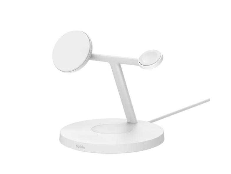 Dairesel tabanlı, Apple Watch ve telefon için beyaz şarj standı.