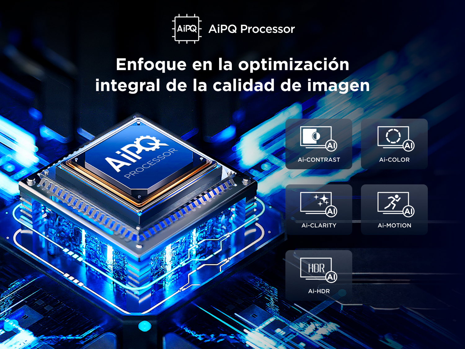 Primer plano de un procesador con texto que describe las características de optimización de la calidad de imagen.