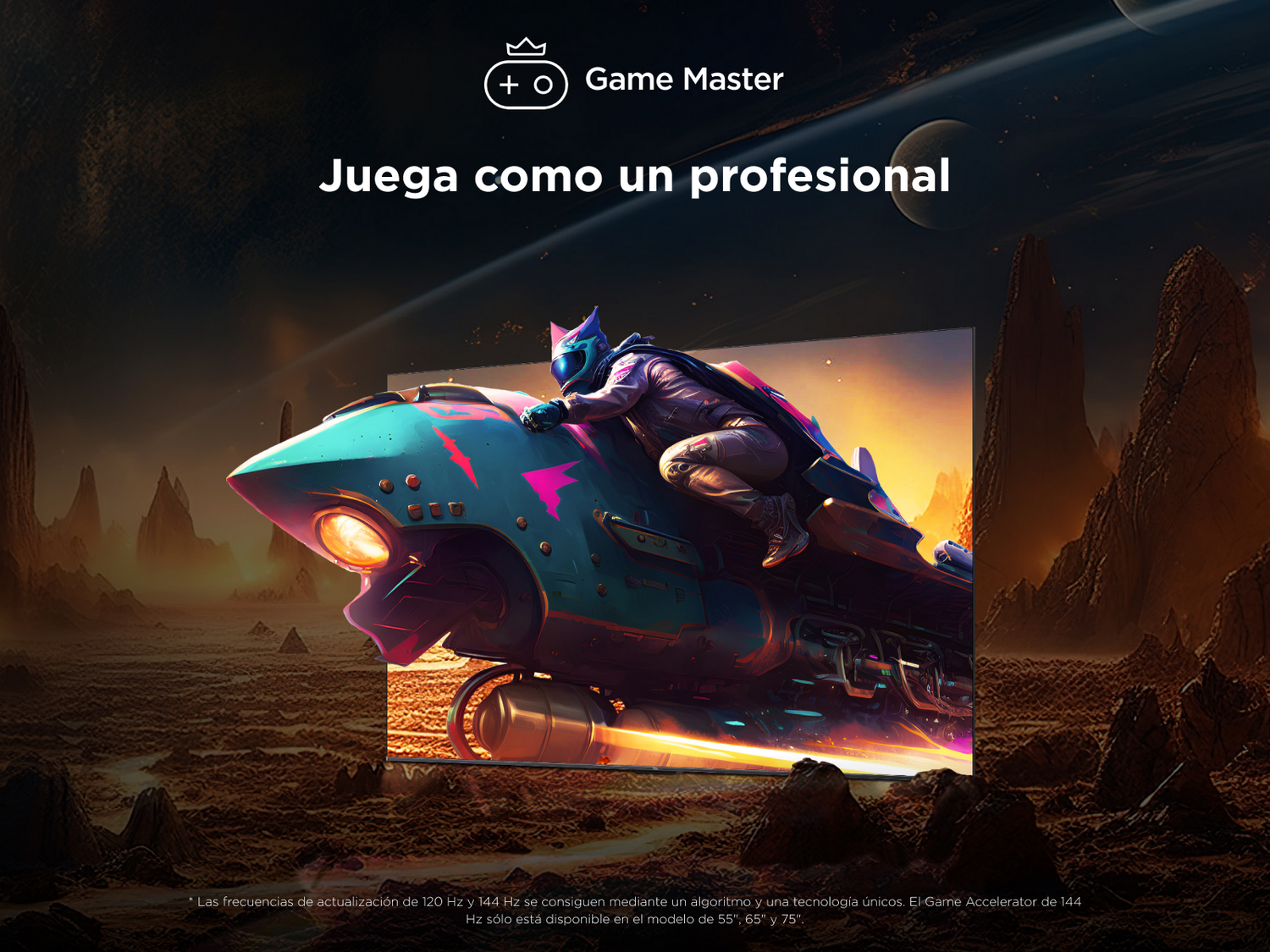 Pantalla de TV que muestra una escena de juego con un vehículo futurista. El texto resalta la función Game Master.