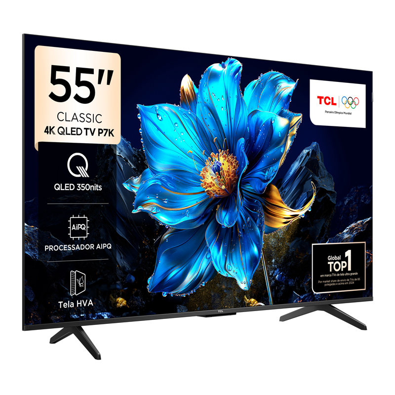 Ekranda mavi çiçek resmi olan 55 inçlik bir TV, siyah bir stand üzerinde duruyor.