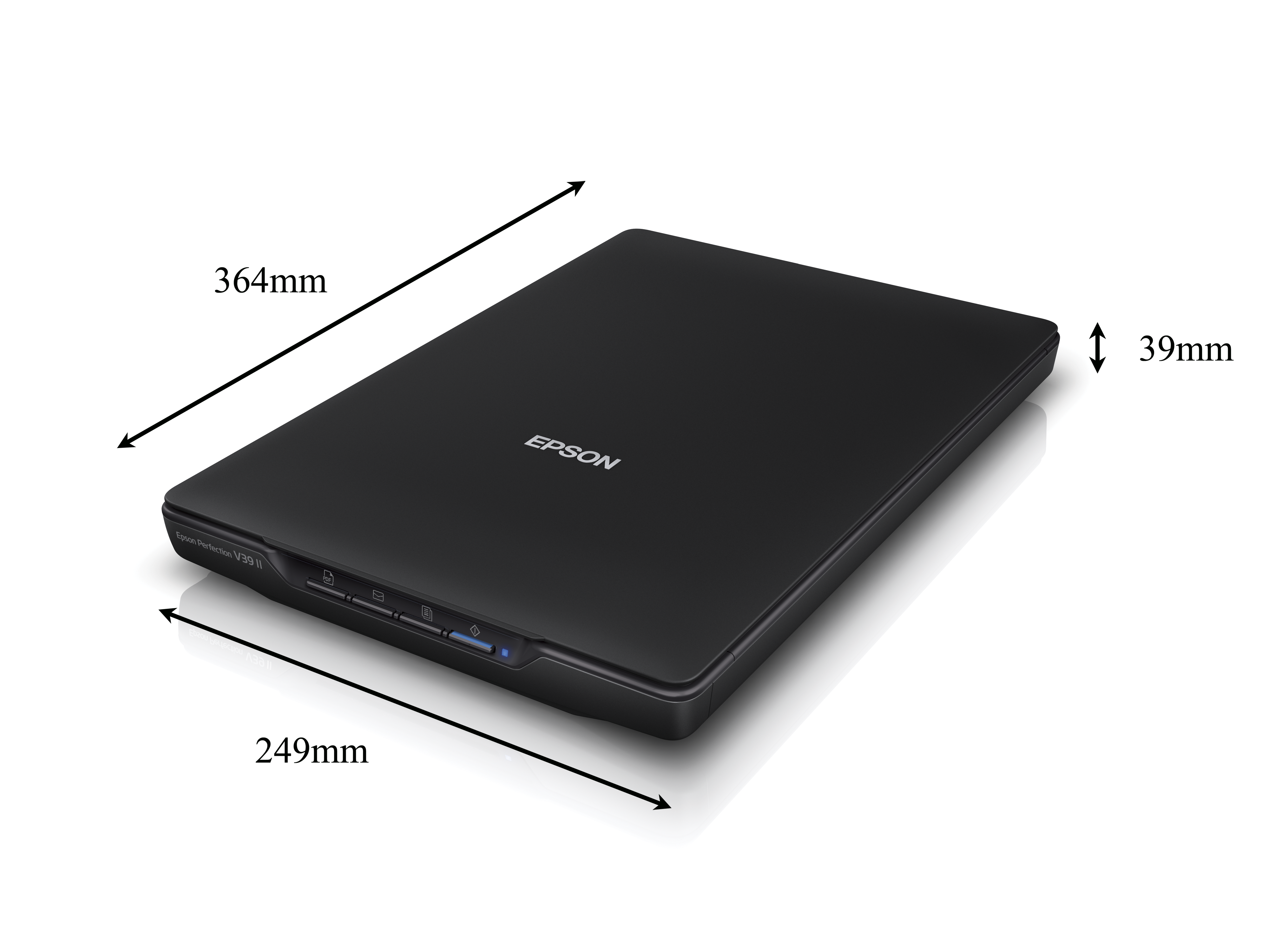 Siyah Epson tarayıcı. Boyutlar: 364 mm x 249 mm x 39 mm. Üstte Epson logosu basılı.