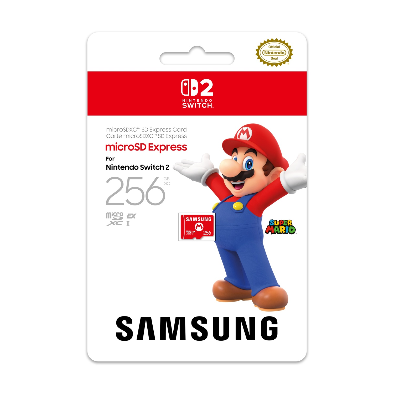 Confezione scheda microSD Nintendo Switch con Mario, marchio Samsung, sfondo bianco.