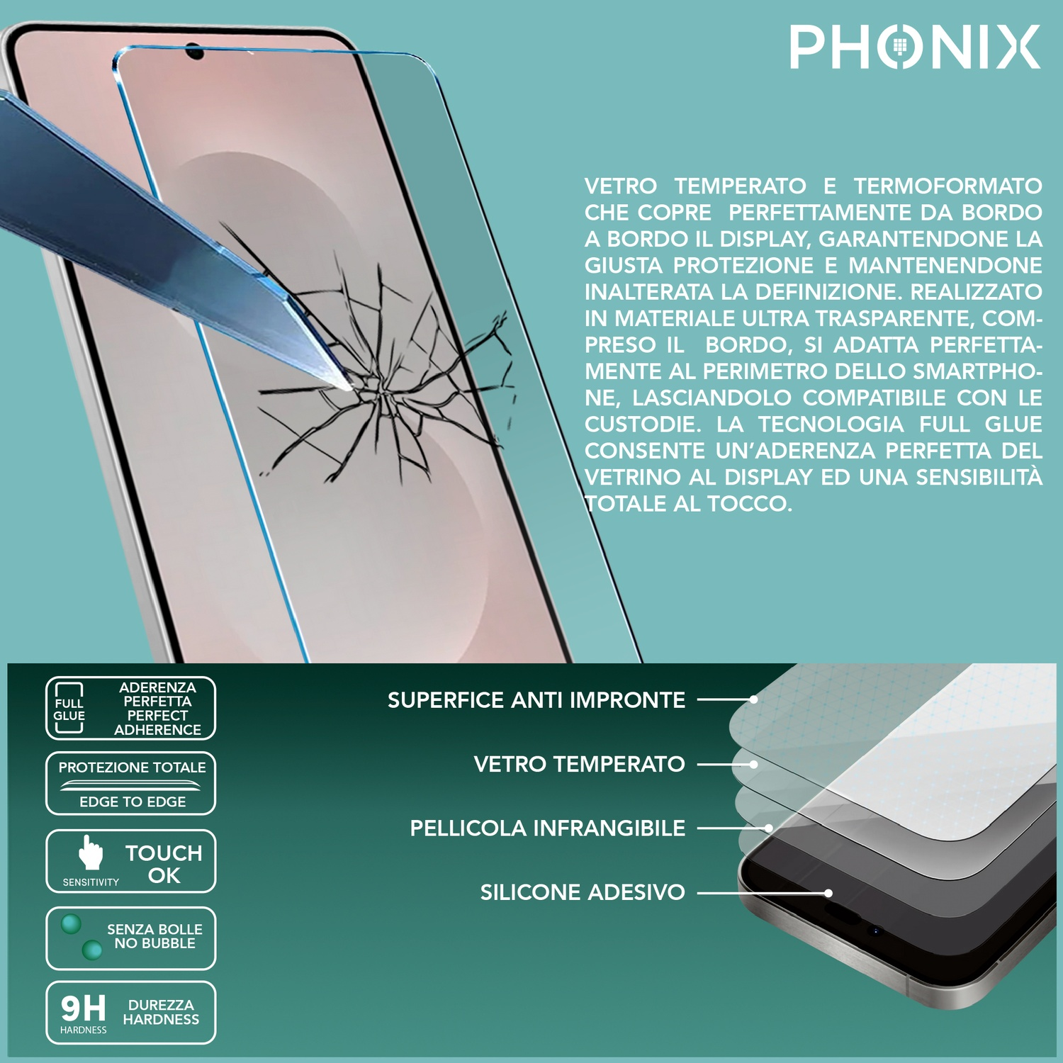Telefono con protezione schermo. Sfondo con testo, funzionalità.