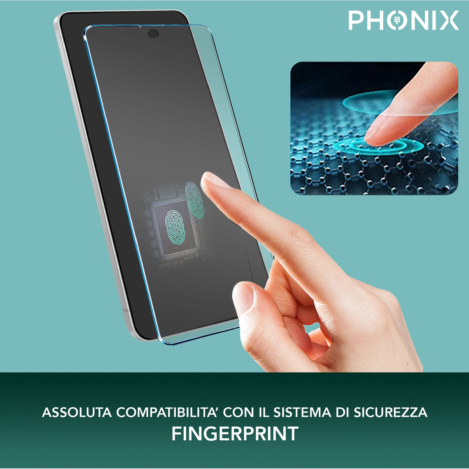 Telefono con protezione. Grafica impronta digitale, sfondo blu.
