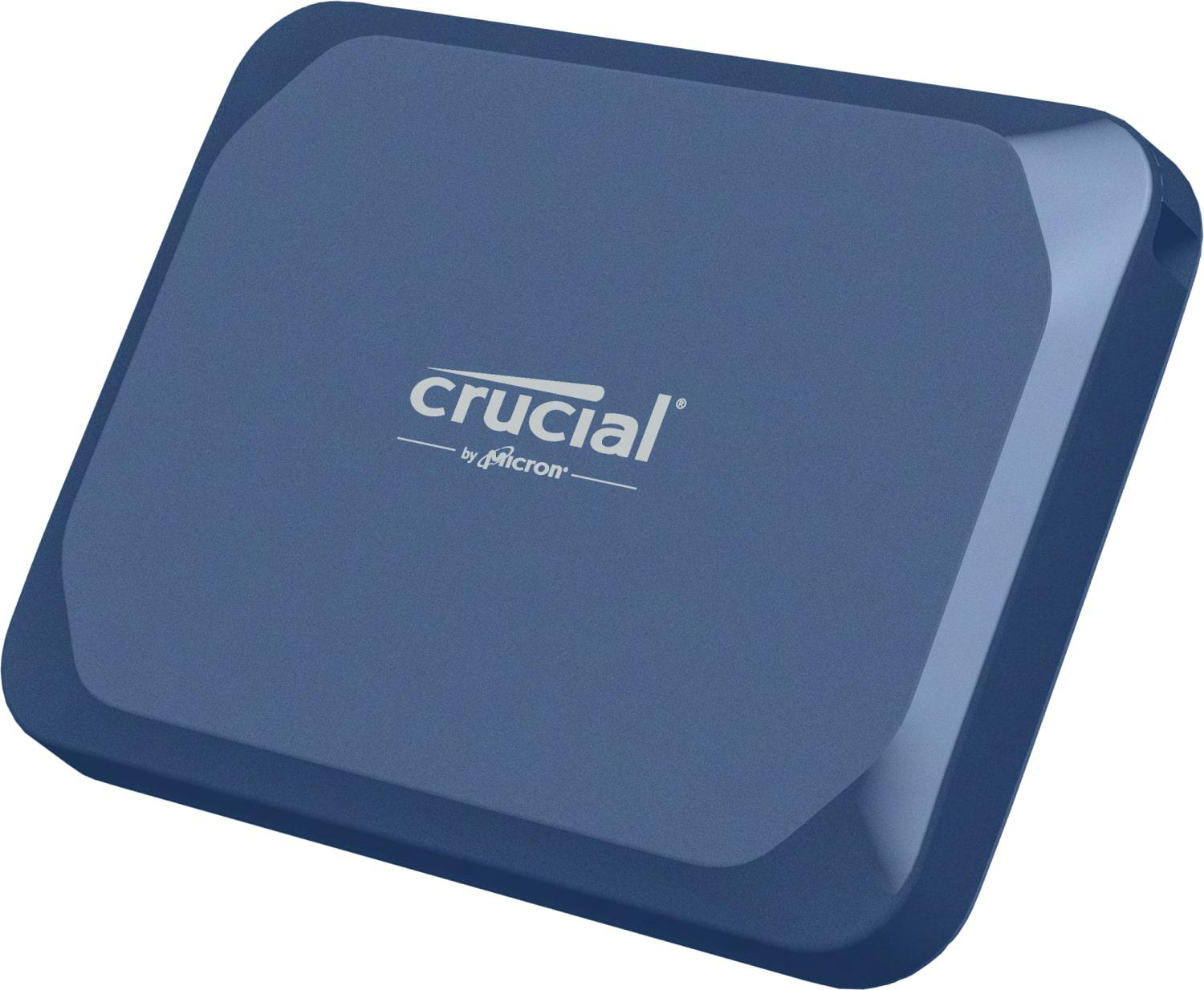 Blaue Crucial externe SSD mit abgerundeten Ecken, weißem Logo und Seitenanschluss.