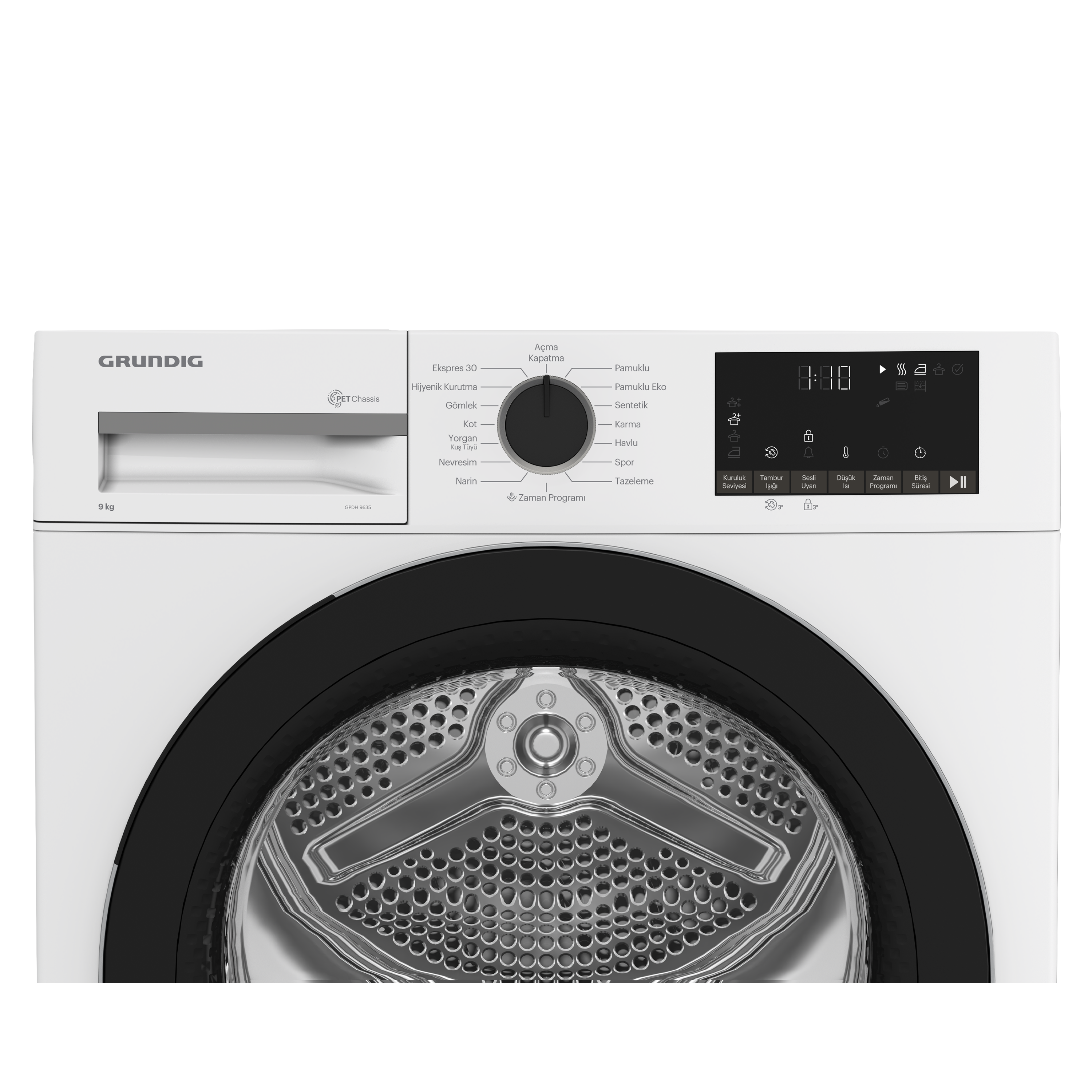 Beyaz Grundig kurutucu kontrol paneli yakından. Siyah kadran, dijital ekran ve program düğmeleri.