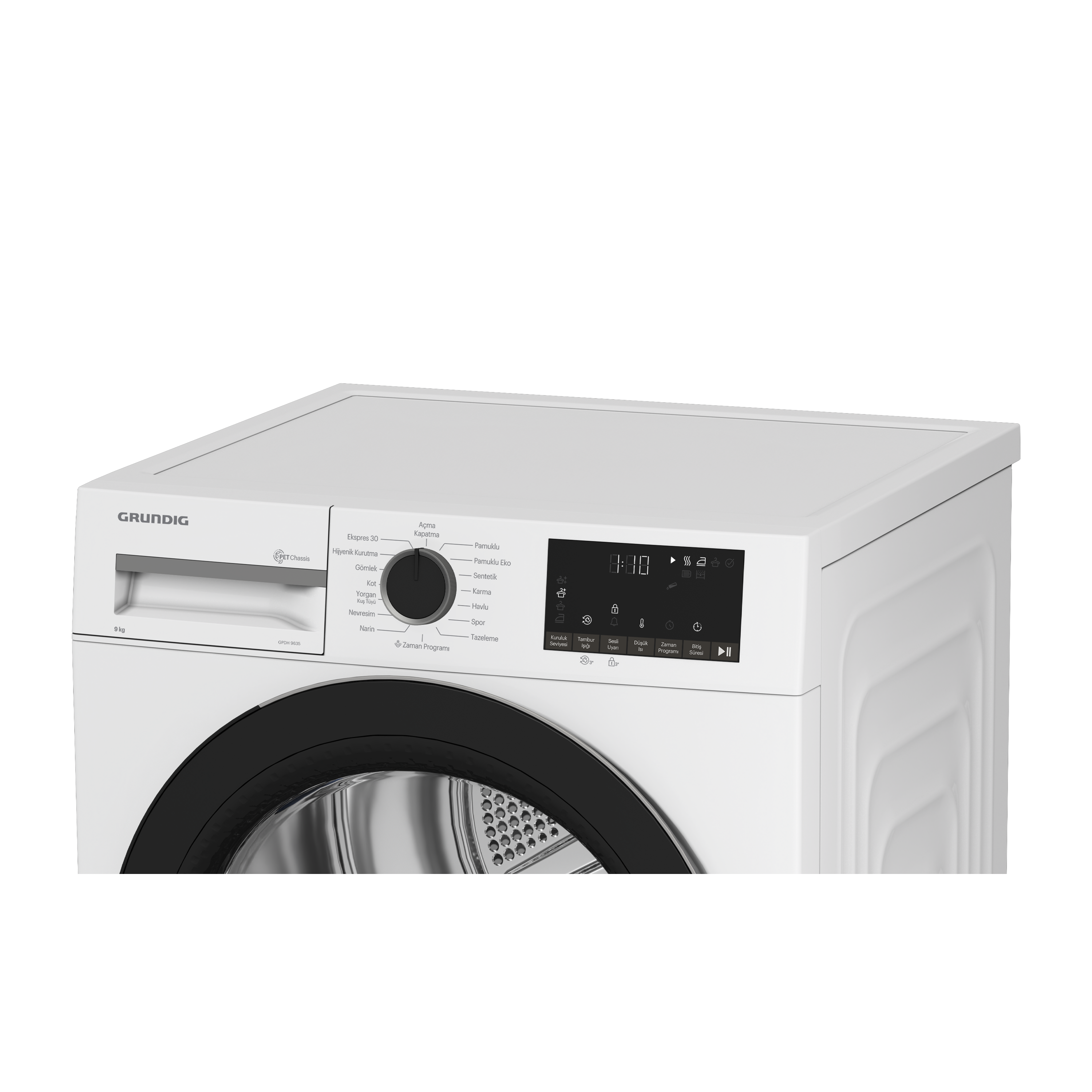 Beyaz Grundig kurutucu, yakından. Üstte kontrol paneli. Siyah kapı çerçevesi ve tambur görünür.