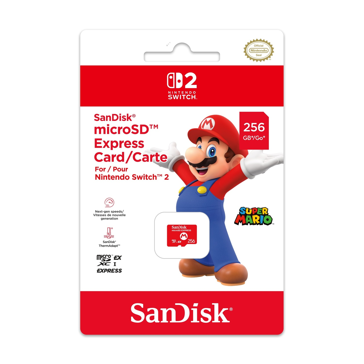 Confezione con Mario, scheda MicroSD e logo Nintendo Switch.