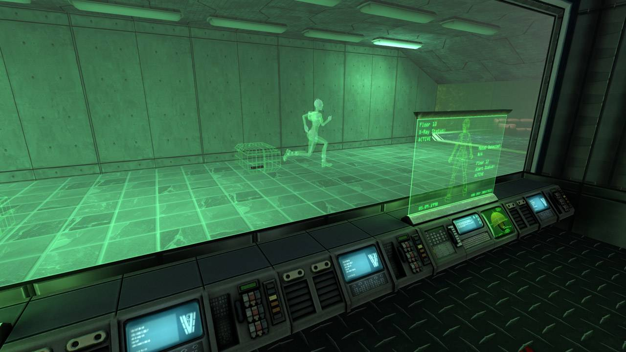 Un interior futurista con una figura esquelética corriendo.