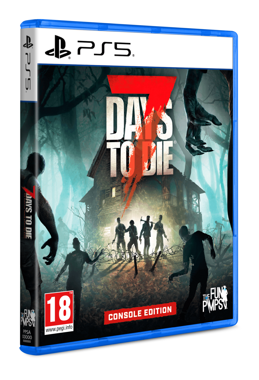 Caja de juego de PlayStation 5 para 7 Days to Die. La portada muestra zombis y una casa en llamas.