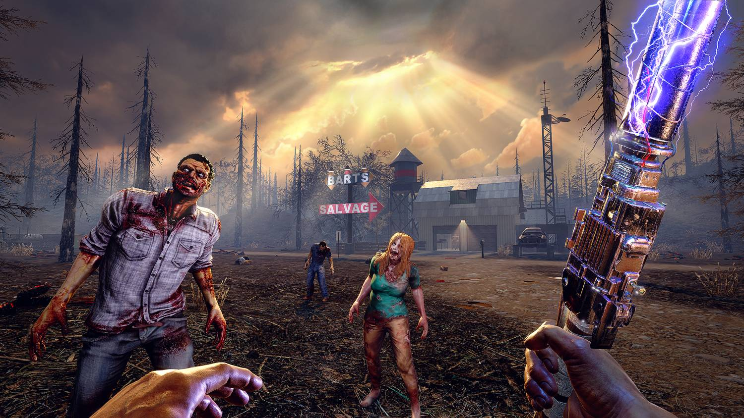 Perspectiva en primera persona: un apocalipsis zombi con zombis acercándose. Se sostiene un arma que emite electricidad.