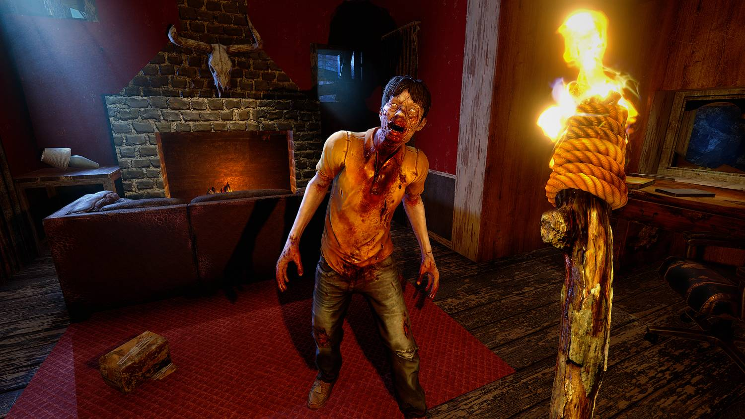 Zombi en una habitación con chimenea y una antorcha. El zombi está cubierto de sangre y gruñe.